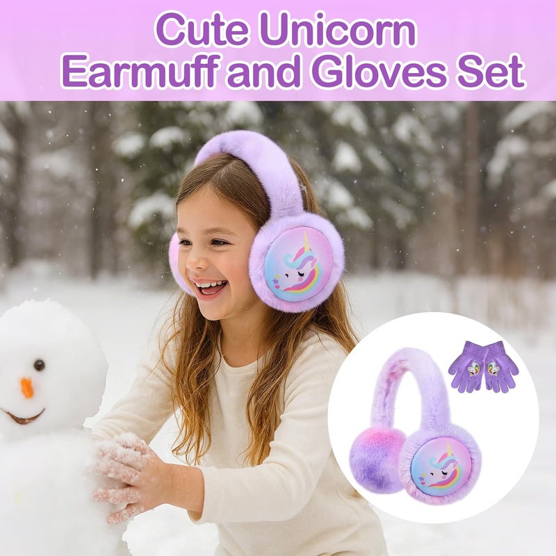 ACTLATI Kids Knit Unicorn Earmuffs and Gloves Set Girls Plush Ear Muffs Winter Outdoor Ear Warmers and Mittens Set - Image 3